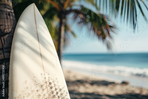 Surfboard on Sandy Beach at Sunset
