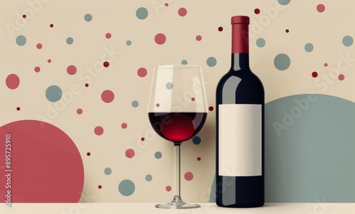 Wine Bottle and Glass on Colored Background
