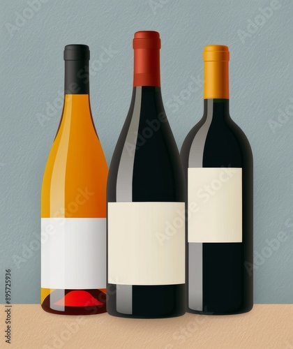 Wine Bottles and Glass on Grey Background