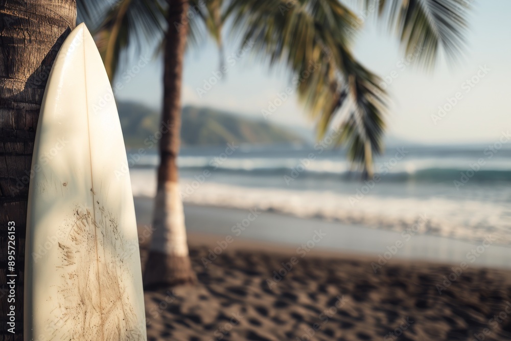 Surfboard on Sandy Beach at Sunset Surfboard on Sandy Beach at Sunset