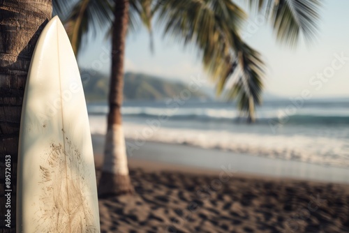 Surfboard on Sandy Beach at Sunset