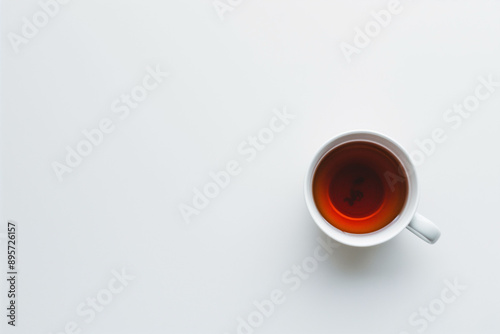 Cup of hot tea on a white background, minimalist tea time concept with copy space