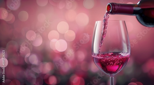 Red Wine Pouring Into Glass Against Pink Bokeh