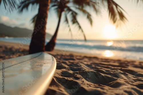 Surfboard on Sandy Beach at Sunset