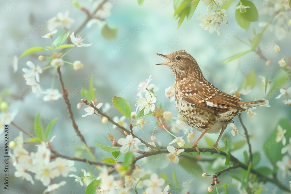 A charming scene of a song thrush singing from the top of a flowering tree. A charming scene of a song thrush singing from the top of a flowering tree.