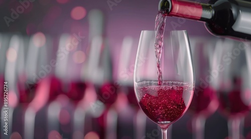 Red Wine Pouring Into Glass Against Pink Bokeh