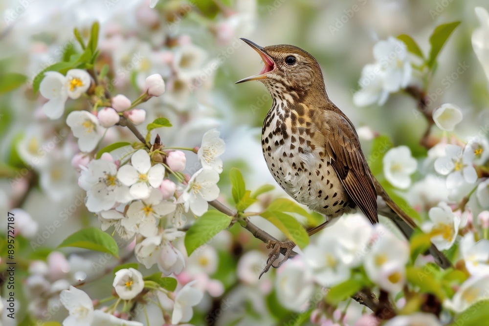 Fototapeta premium A charming scene of a song thrush singing from the top of a flowering tree.