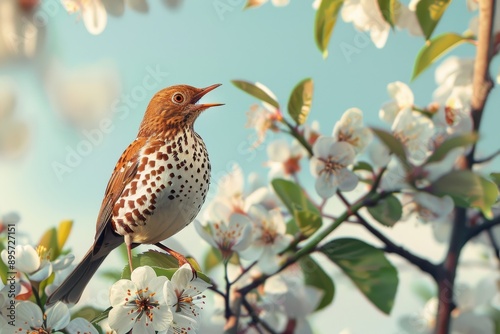 A charming scene of a song thrush singing from the top of a flowering tree.