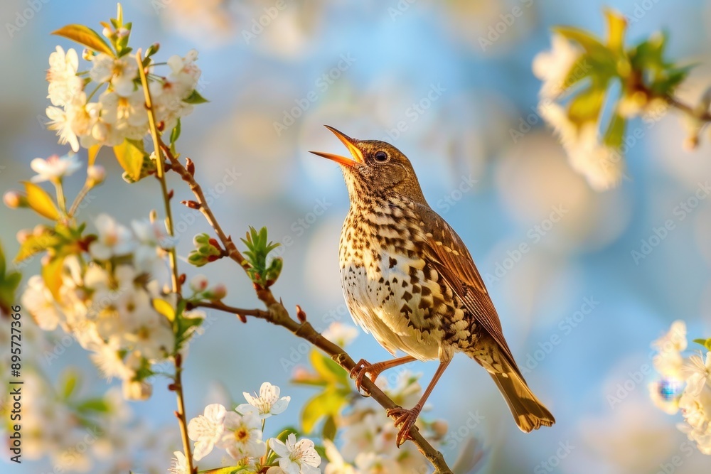 A charming scene of a song thrush singing from the top of a flowering tree. A charming scene of a song thrush singing from the top of a flowering tree.