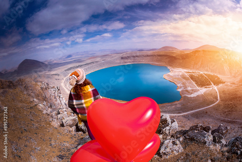 Fototapeta Naklejka Na Ścianę i Meble -  View of Narligöl Crater Lake, shaped like a heart, Cappadocia, Türkiye