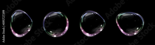 Glowing soap bubbles on black background. Colorful soap bubble on black background. 3D soap balloon. Foam, powder, soap, detergent.	
