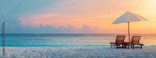 Beach Chairs Under Umbrella at Sunset