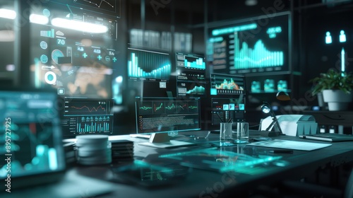 Wallpaper Mural futuristic scene of a financial analyst's desk, with augmented reality displays showing floating graphs and charts of budget allocations, editable with a swipe of the hand Torontodigital.ca