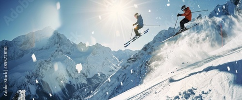 Skier Descending Mountain in Sunny Winter