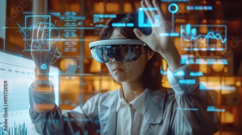 futuristic scene with a financial analyst wearing augmented reality glasses, visualizing and manipulating budget projections as holographic objects in the air photo