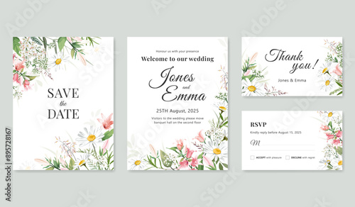 Wedding invitation cards. Frame with text, flowers and grass isolated on the white background. Colorful hand drawn bouquet with wildflowers.
