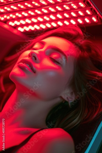 A woman lying under a LED red light therapy canopy, skin glowing from the light, rejuvenating session, Portrait half-body, hyper-realistic, high detail, photorealistic, Key Light, Fill Light