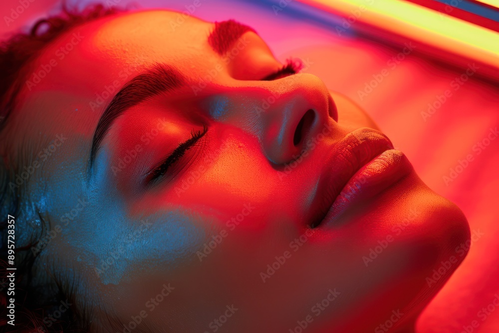 Fototapeta premium A person undergoing LED red light therapy for anti-aging benefits, serene and peaceful expression, professional spa, Portrait half-body, hyper-realistic, high detail, photorealistic, Key Light, Fill