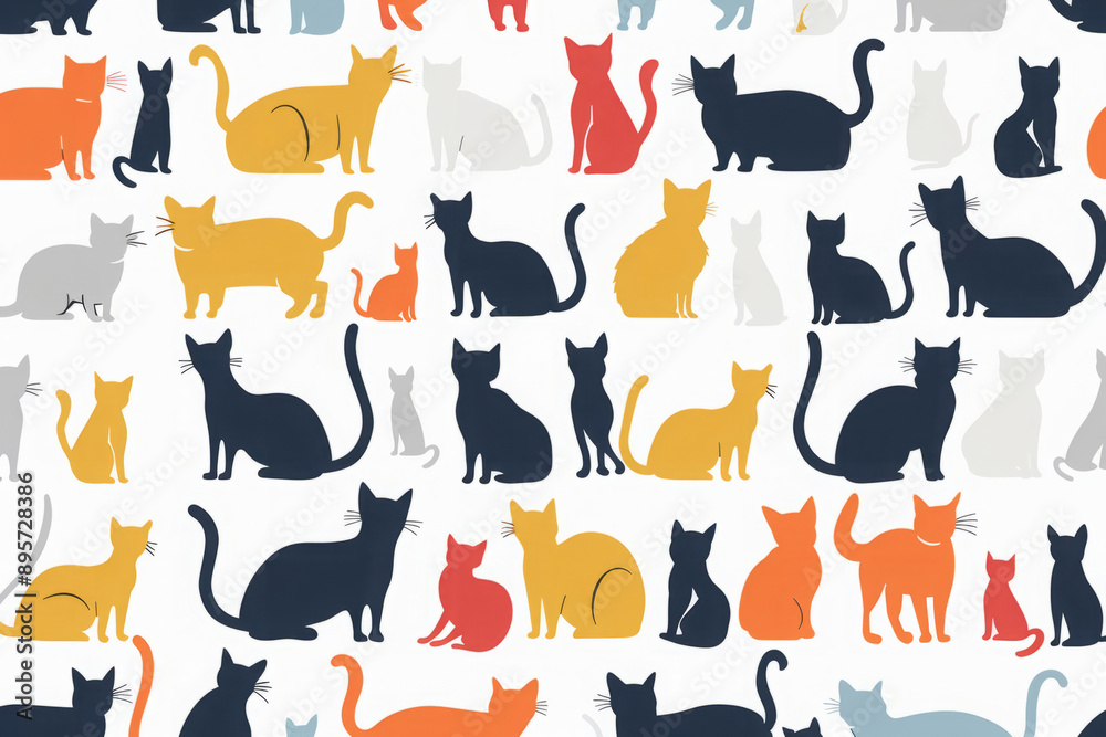 Illustrated pattern of various cats in different colors and poses on white background. Minimalistic and simple style design