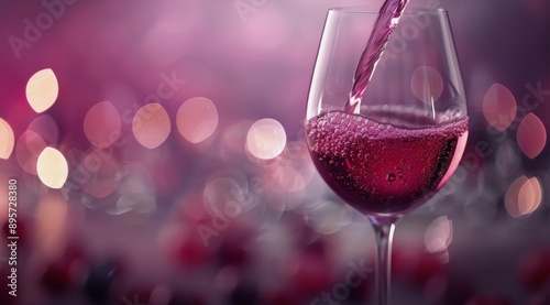 Red Wine Pouring Into Glass Against Bokeh Background