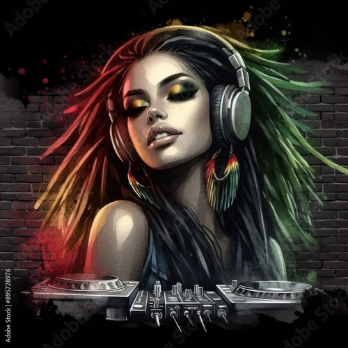 Female DJ woman on International Reggae Day celebration. Ragga Jamaican dance music DJ raggae photo