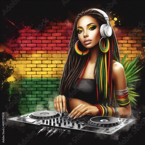 Female DJ woman on International Reggae Day celebration. Ragga Jamaican dance music DJ raggae photo