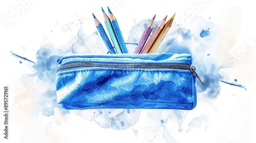 Watercolor clipart of a blue pencil case, elegant and minimalist for school settings.