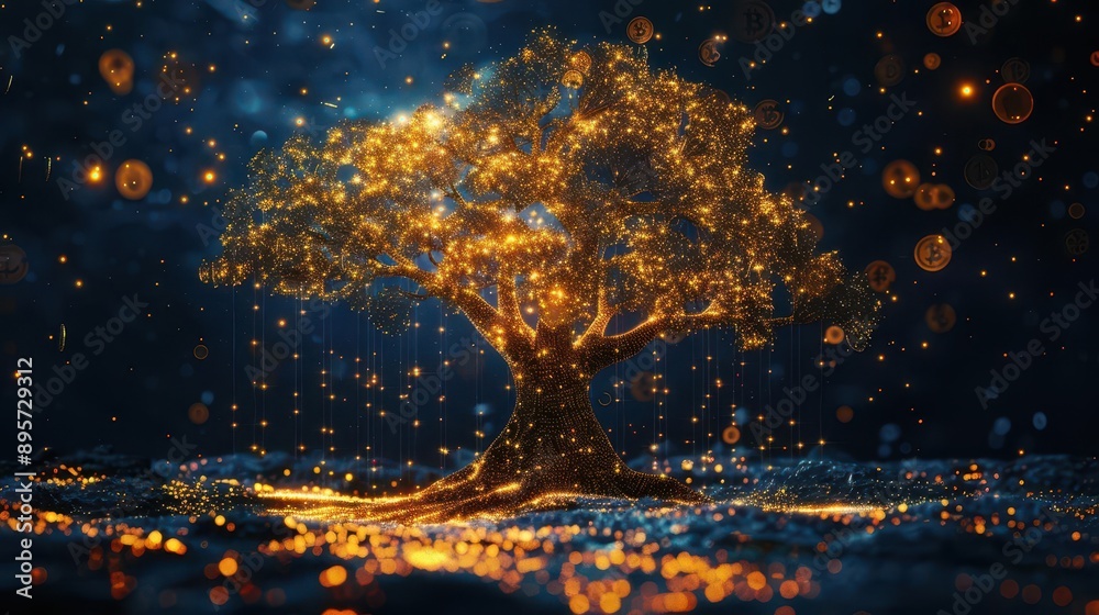 Black digital tree growing golden coin fruits, crypto investment growth, Black digital tree growing golden coin fruits, crypto investment growth,