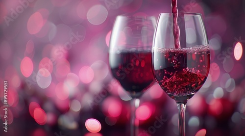 Red Wine Pouring Into Glass Against Bokeh Background