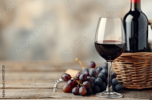 Red Wine and Grapes on Wooden Table