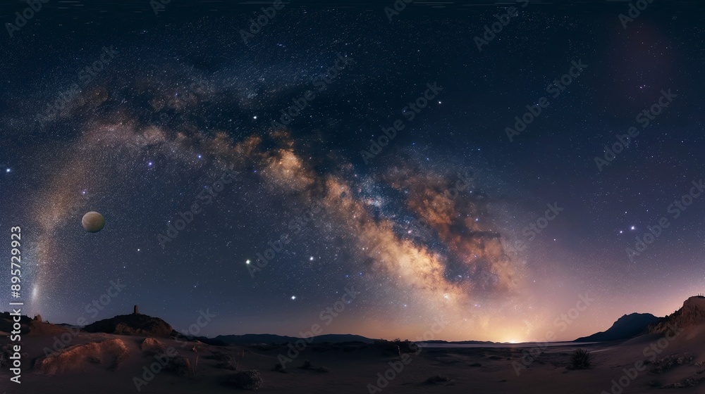 A detailed panoramic view of a clear night sky with a dense cluster of stars, the Milky Way, and a few visible planets. A detailed panoramic view of a clear night sky with a dense cluster of stars, the Milky Way, and a few visible planets.