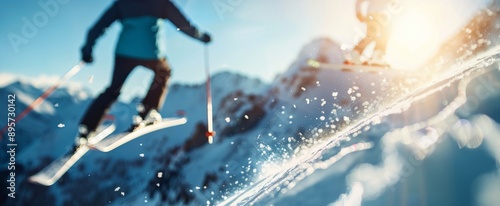 Skier Descending Mountain in Sunny Winter