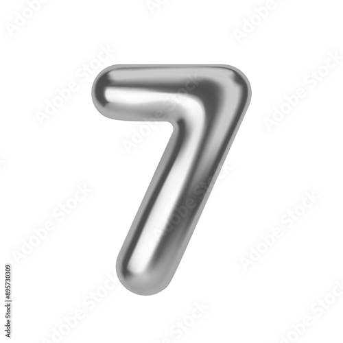Silver number 7. Foil and latex balloon number seven in 3d style. Realistic design elements isolated on white background. Vector illustration