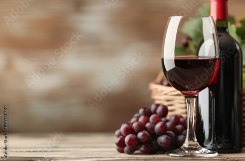 Red Wine and Grapes on Wooden Table