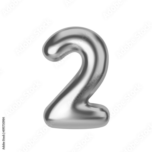 Silver number 2. Foil and latex balloon number two in 3d style. Realistic design elements isolated on white background. Vector illustration