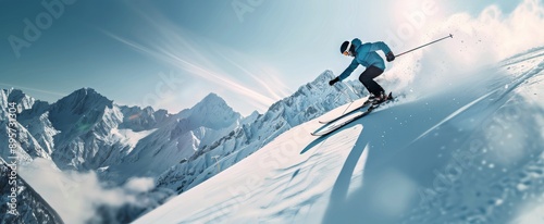 Skier Descending Mountain in Sunny Winter