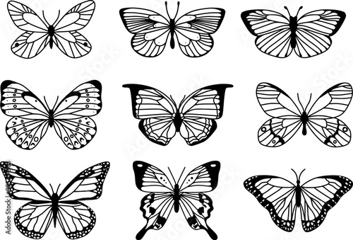 Doodle butterfly set of black and white wings in the style of wavy lines and organic shapes. Y2k aesthetic, tattoo silhouette, hand drawn stickers. Vector graphic in trendy retro 2000s, nature style