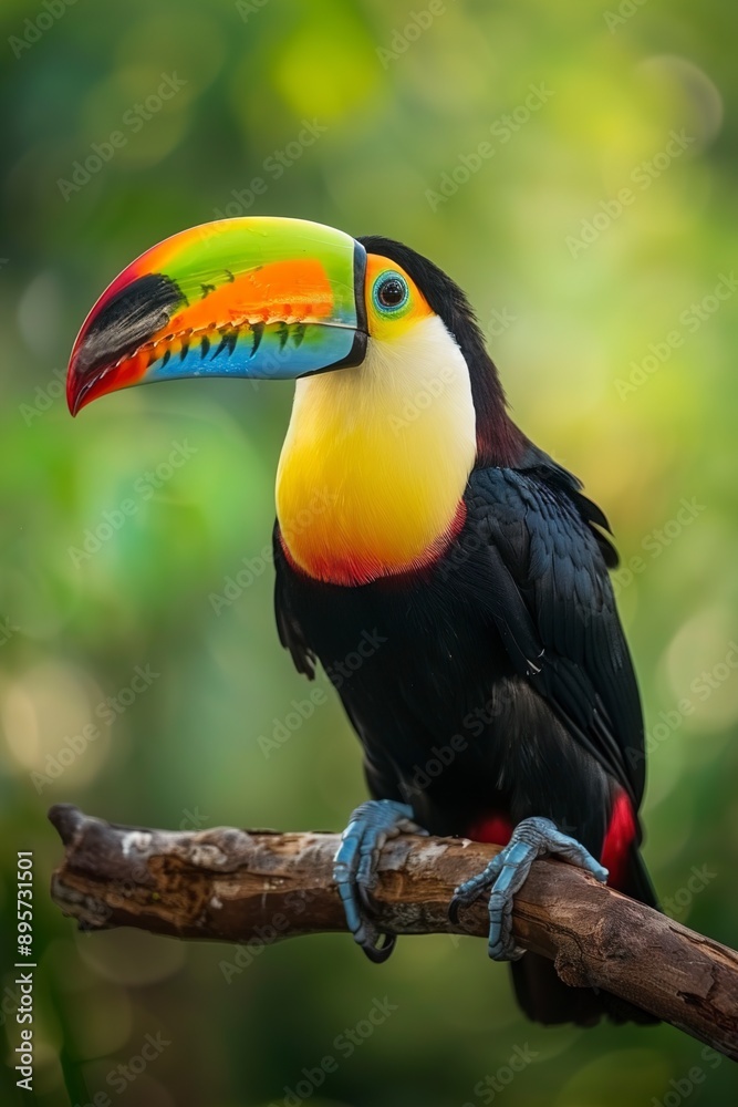 A photo multicolored touch perched on branch A photo multicolored touch perched on branch