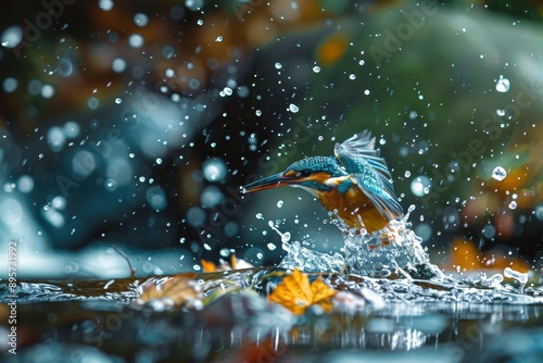 A close-up of a common kingfisher diving into a crystal-clear stream, with water droplets frozen in mid-air. photo