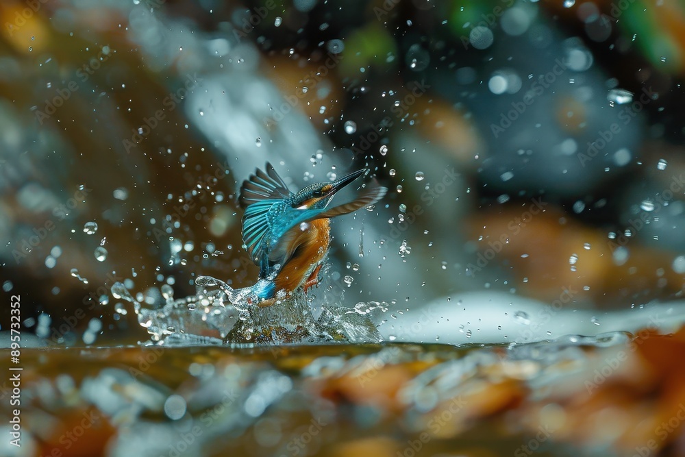 A close-up of a common kingfisher diving into a crystal-clear stream, with water droplets frozen in mid-air. A close-up of a common kingfisher diving into a crystal-clear stream, with water droplets frozen in mid-air.