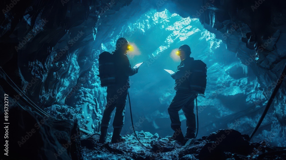 Digital gold rush, miners with tablets in dark cave, Digital gold rush, miners with tablets in dark cave,