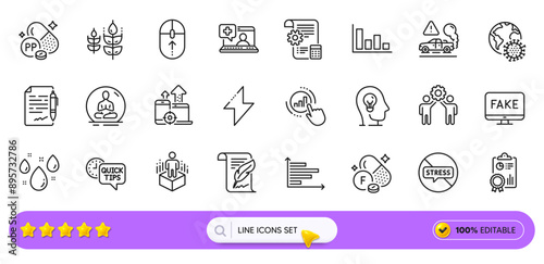 Fluorine mineral, Histogram and Exhaust line icons for web app. Pack of Rainy weather, Inspect, Agreement document pictogram icons. Medical help, Coronavirus pandemic, Yoga signs. Search bar. Vector
