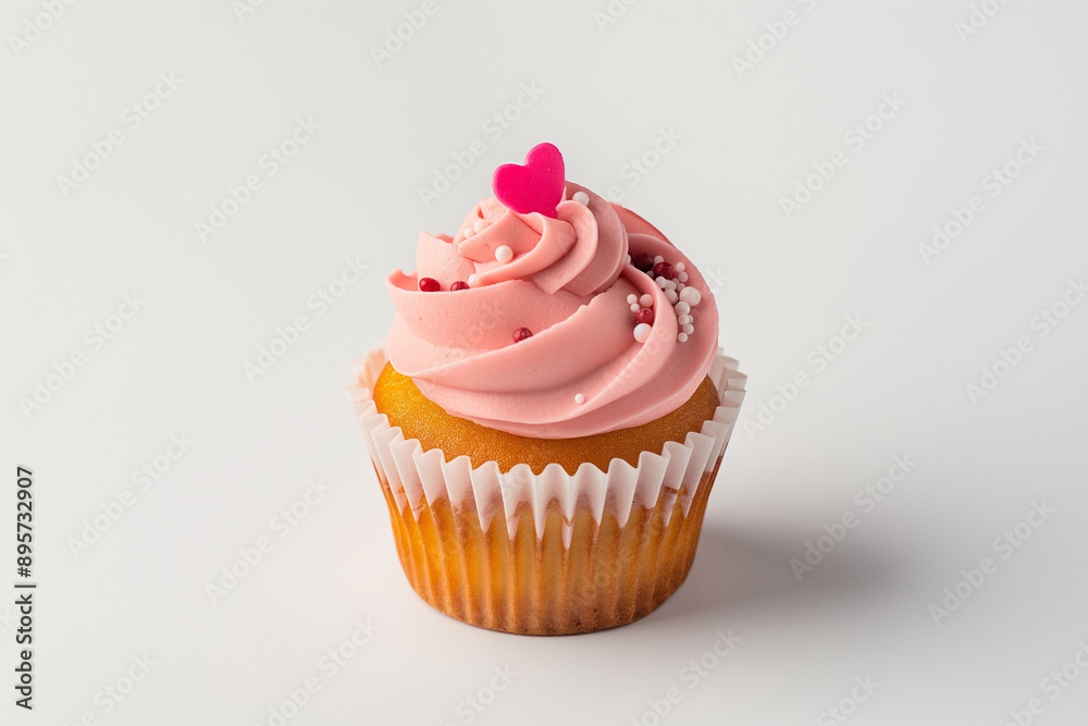 The delicious cupcake with pink frosting, heart decoration, and white sprinkles on a plain white background, dessert and celebration concept isolated, white background, copy space The delicious cupcake with pink frosting, heart decoration, and white sprinkles on a plain white background, dessert and celebration concept isolated, white background, copy space