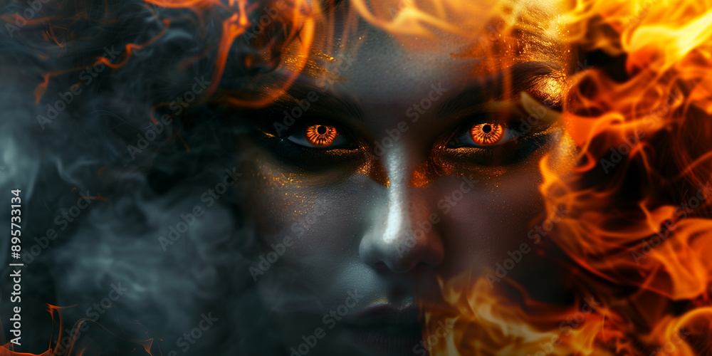 A portrait of a person with glowing eyes and fiery hair, surrounded by dramatic flames A portrait of a person with glowing eyes and fiery hair, surrounded by dramatic flames