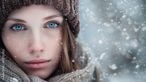 Close-up of a woman in a winter setting, wearing a knit hat and scarf, with snowflakes falling around her