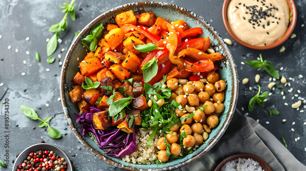 A top-down view of a colorful Buddha bowl filled with quinoa, roasted vegetables, chickpeas, and a tahini dressing, garnished with fresh herbs A top-down view of a colorful Buddha bowl filled with quinoa, roasted vegetables, chickpeas, and a tahini dressing, garnished with fresh herbs