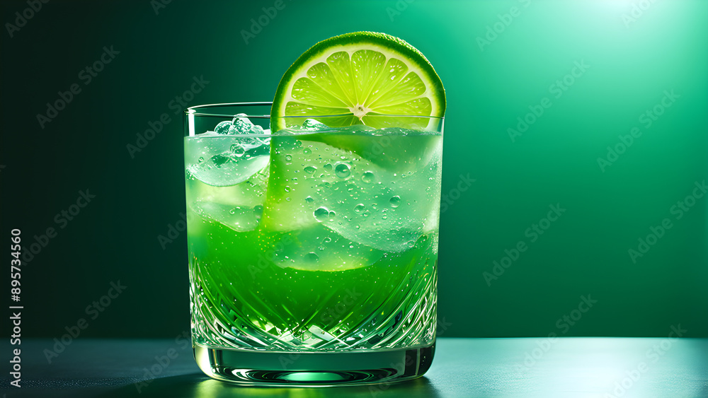 Cocktail with lime and ice on a dark green background. Cocktail with lime and ice on a dark green background.