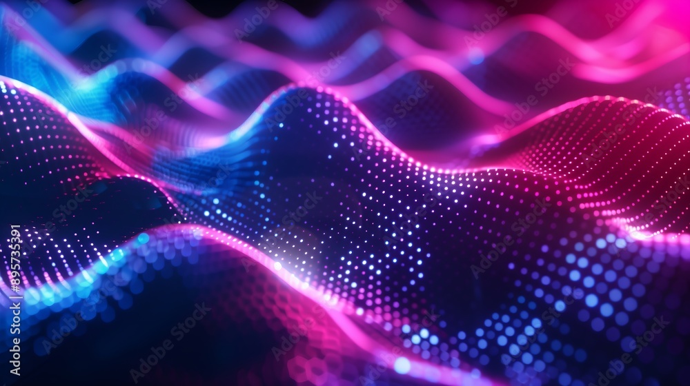 Colorful neon glowing wave background with gradient dots and lines for digital music. Colorful neon glowing wave background with gradient dots and lines for digital music.