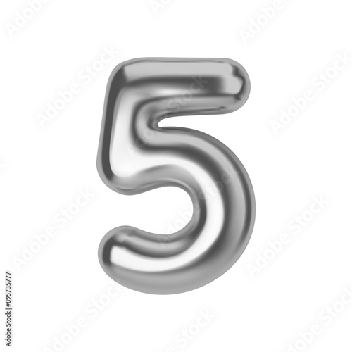 Silver number 5. Foil and latex balloon number five in 3d style. Realistic design elements isolated on white background. Vector illustration