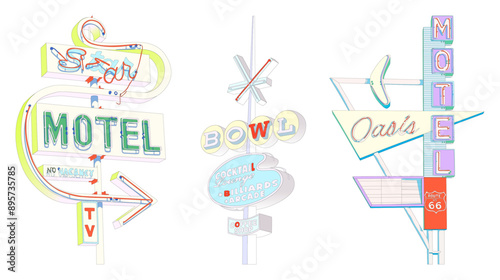 Vector Set of Motel Signs Shopping Mall Signs in Pastel Color illustrated Design Elements